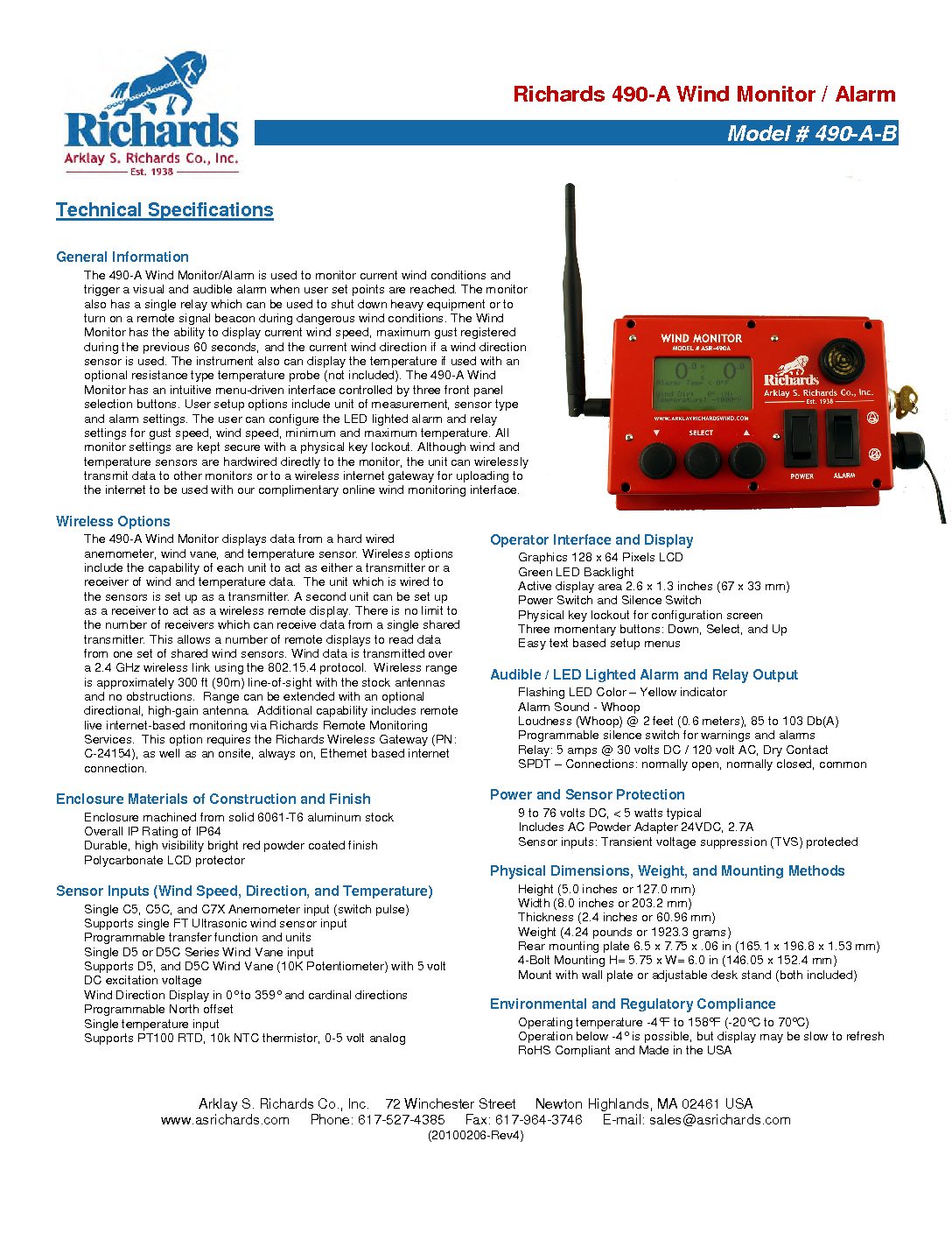 490_A_B Wind Monitor Specifications